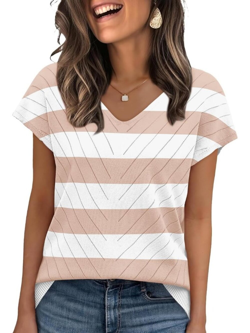 Women's White P Trendy Summer Tops Sweater Pullover V-Neck Pull On Short Sleeve